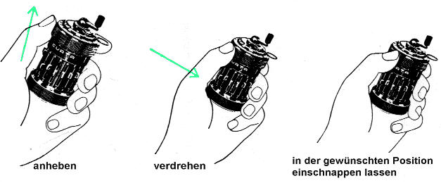 Anheben, verdrehen, einrasten